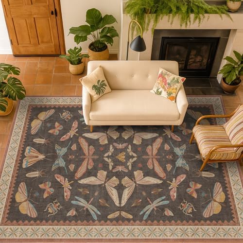 Dining Room Rugs for Under Table 6x9 - Washable Soft Rugs for Bedroom Aesthetic, Low Pile Stain Resistant Living Room Carpet, Vintage Insect Home Décor (Brown) - Image 6