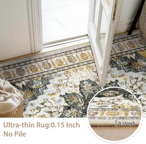 BESTSWEETIE Washable Boho 3x5 Area Rug, No Pile for Living Room, Grey Brown - Image 4