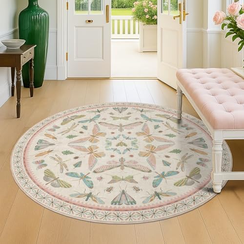 Insect Pink and Blue 5ft Round Area Rug for Living Room - Washable Floral Fun Boho Rugs for Playroom, Girls Bedroom Décor with Butterfly Pattern - Low Pile Soft Circle Carpet - Image 3