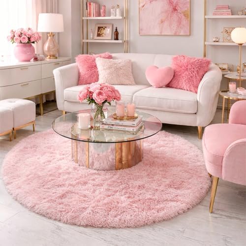Amdrebio Pink Circle Round Fluffy Area Rug 4Ft for Girls Bedroom Kids Room - Image 5