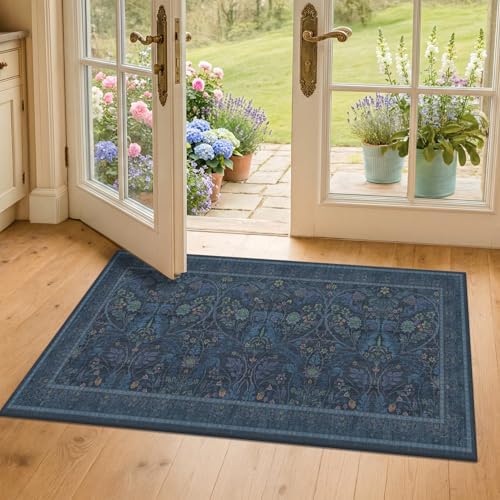Washable 2x4 Entryway Rugs, Oriental Floral Small Blue Kitchen Rugs, Thin Bathroom Rugs Fit Under Door, Low Pile & Soft Carpet for Mudroom, Bedside - Image 3