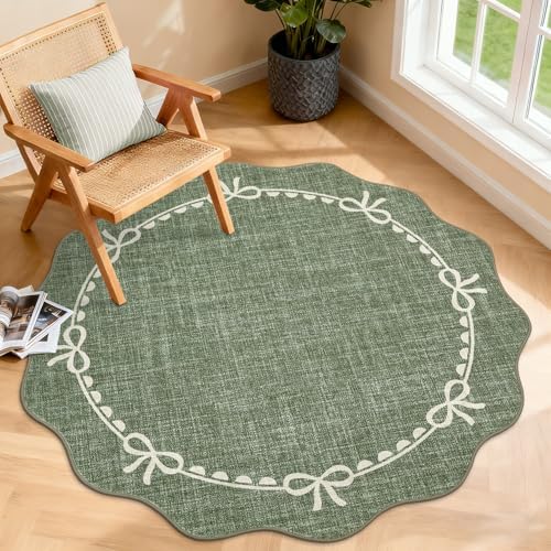 GarveeHome 4ft Round Rugs Washable Scalloped Bow Rug for Bedroom, Green by GarveeHome
