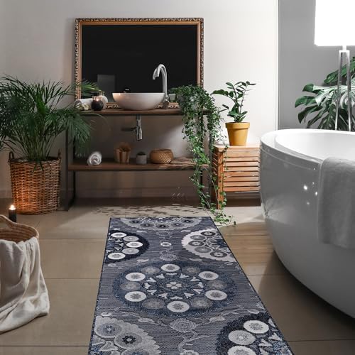 CAMILSON Runner Outdoor Rugs Oriental Retro Traditional Floral Medallion Area Rug 2x10 Non-Shedding Stain Resistant Indoor Carpet for Bathroom Hallway Kitchen Office (2 x 10 / Navy Blue) - Image 5