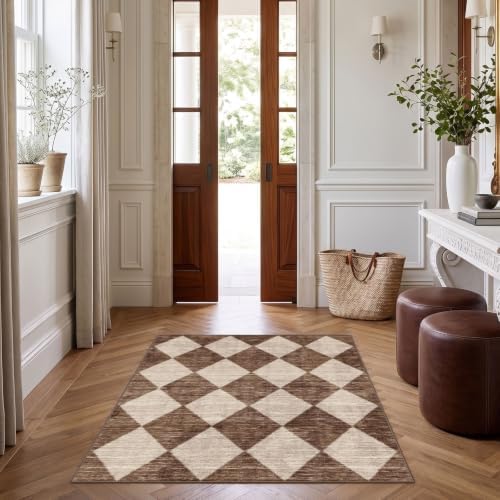 Brown Beige Checkered Entry Rug - 3x4 Non-Slip Washable Indoor Outdoor Front Door Mat Porch Rug Farmhouse Diamond Throw Carpet for Living Room Bedroom Entryway Kitchen Office Fall Porch Decor - Image 4