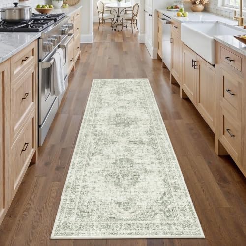 2x7 Washable Kitchen Runner Rug Non-Slip Medallion Green Throw Carpet - Image 2
