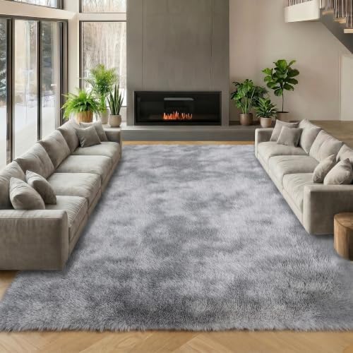 ONASAR Area Rugs 9x12 Living Room, Tie-Dyed Light Grey Large Fluffy Bedroom Rug, Soft Plush Thick Shaggy Big Floor Carpet for Kids Boy Girls Teen Dorm Nursery Indoor Home Decor Aesthetic by ONASAR