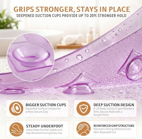 Yimobra Non Slip Bath Mat, Super Strong Suction Cups,35"X16"Long Tub Mat with Drain Holes, Machine Washable Fast Draining Shower Mats, Bathroom Essentials, Clear Purple - Image 3