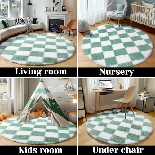 KICMOR Round Rug 4ft for Bedroom, Fluffy Soft Circle Area Rug Cute Small Living Room Carpet, Sage Green and White Fuzzy Shag Shaggy Checkered Circular Rugs for Kids Room Nursery Home Decor Aesthetic - Image 5