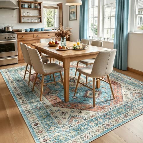 Lofus Living Room Rugs 8x10, Boho Terracotta and Blue Washable Carpet - Image 3