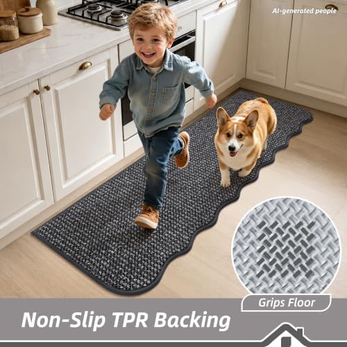BEQHAUSE Kitchen Rugs Set of 2 Scalloped Edge, 17x30+17x48 in, Charcoal - Image 4