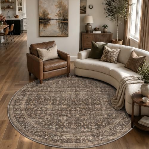 JOOJA 8x8 Dark Brown Vintage Low Pile Washable Boho Round Living Room Rug by JOOJA