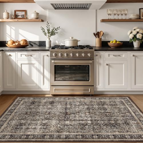 Washable Area Rug 3'x5' Entryway, Vintage MCM, Black/Brown/Beige - Image 3