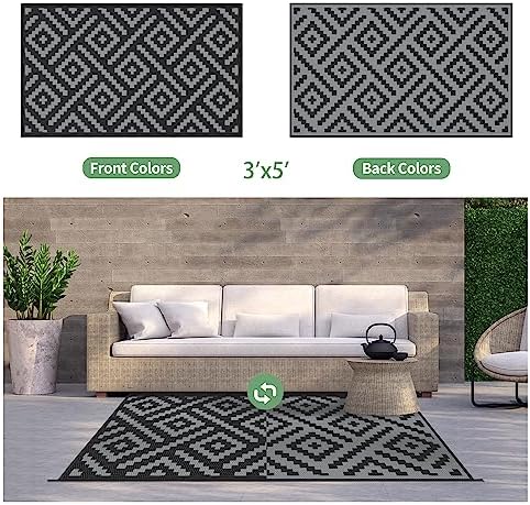GENIMO Outdoor Rug 3'x5' Waterproof for Porch, Plastic Door Mat Black Grey - Image 5