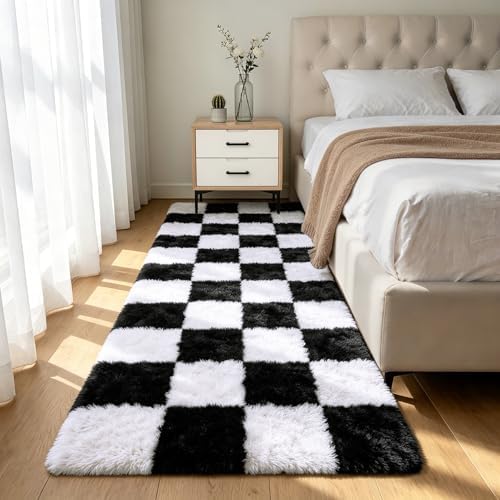 Shag Runner Rug for Bedroom Living Room 3x7 Upgrade Non-Slip Fluffy Soft Bedside Rugs,Black and White Shaggy Carpet for Livingroom Dorm Home Decor Aesthetic by Boshengya