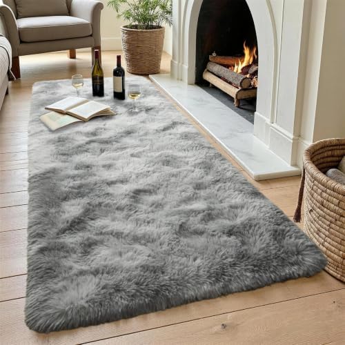 2x6 Tie-dye Grey Fluffy Soft Runner Rug Non-Slip for Bedroom Dorm Hallway - Image 4
