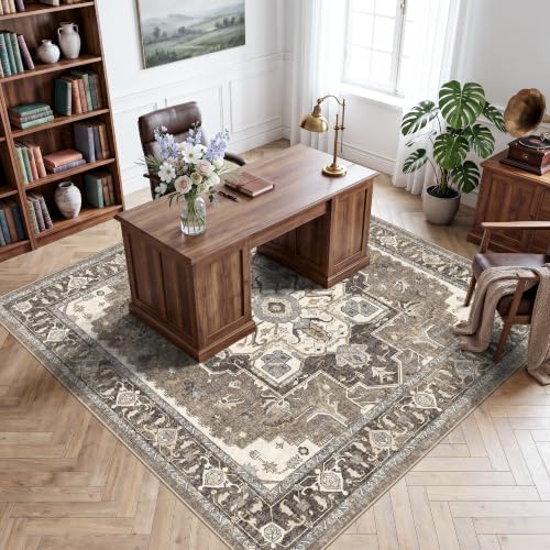 8x8 Area Rug Square for Living Room: Large Non-Slip Washable Rugs for Bedroom Dining Room Vintage Soft Low Pile Carpet Thin Stain Resistant Indoor Floor Mat for Home Office Apartment (Beige,8x8) - Image 4