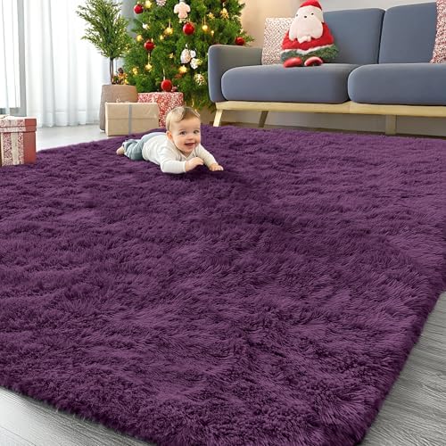 OLANLY 9x12 Machine Washable Large Area Rugs for Living Room, Bedroom, Soft Fluffy Shaggy Bedside Rug, Indoor Floor Carpet for Kids Girls and Boys, Dorms, Nursery, Home Decor Aesthetic, Dark Purple by OLANLY