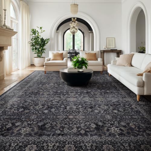 Large Rugs for Living Room 10x14, Vintage Dark Big Area Rug for Bedroom Dining Room, Washable Non Slip Low Pile Thin Room Rug for Dining Room Family Room, Farmhouse Earth Tone Midnight by Jainmy