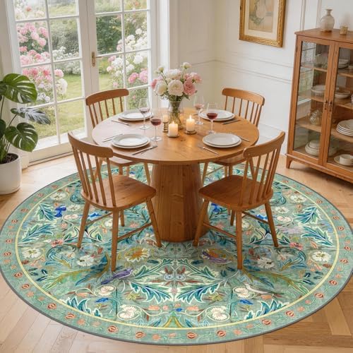 nesrt Boho Washable Round Bird Rug 8ft for Living Room, Soft Non-Slip Large Indoor Circle Rug, Low Pile Jungle Floral Decorative Nursery Carpet for Bedroom Dining Room Farmhouse Playroom (Green) - Image 3