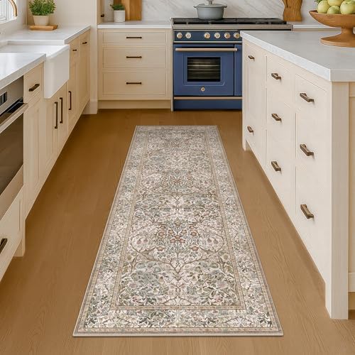 2x6 Washable Bathroom Runner Rug Non Slip - Moss Green Small Runner Rug for Kitchen, Bedroom, Hallway, Stain Resistant Kitchen Floor Mat, Ultra Soft Vintage Oriental Taupe Brown Décor Low Pile - Image 3