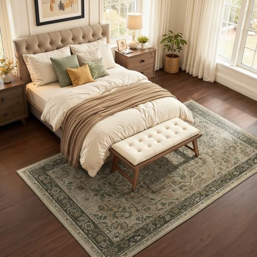 Moody 6x9 Area Rugs for Living Room, Low Pile Thin Washable Non Slip Rugs for Bedroom Dining Room, Vintage Medallion Distressed Carpet for Home Office Guest Room, Multi Brown/Green - Image 3