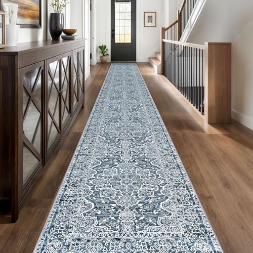KUTA Extra Long Hallway Runner2.6x20 Washable Blue Vintage Stair Runners by KUTA