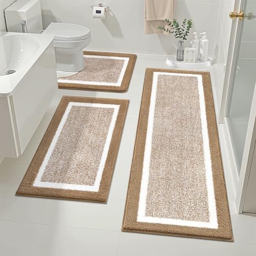 Pauwer Bathroom Rug Sets 3 Piece, Non Slip Washable Bath Mat, Khaki by Pauwer