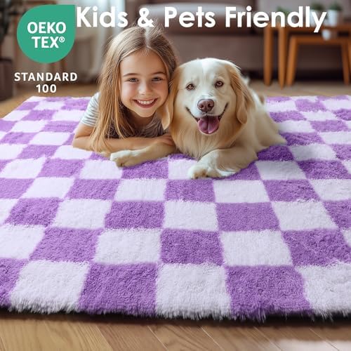 KICMOR Purple Rugs for Living Room Bedroom, Fluffy Soft Checkered 5x8 Area Rug Fuzzy Shag Shaggy Carpet, Indoor Furry Plush Floor Rugs for Kids Girls Boys Baby Teen Dorm Nursery Home Decor Aesthetic - Image 6