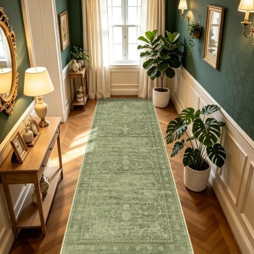 Sage Green Washable Runner Rug 2.6x8, Vintage Rug Runners for Hallway by TTelephant