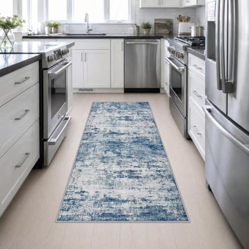 3x8 Washable Runner Rug：Modern Abstract Kitchen Soft Carpet Blue - Image 5