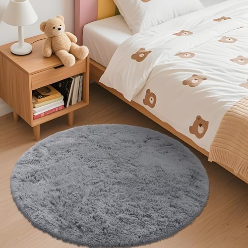 OLANLY Light Grey Round Rugs for Bedroom - Machine Washable, 3 ft Circle Area Rugs for Living Room, Soft and Fluffy Shaggy Carpet for Teen Girls and Boys, Nursery Rooms, Dorms, Home Decor Aesthetic - Image 3