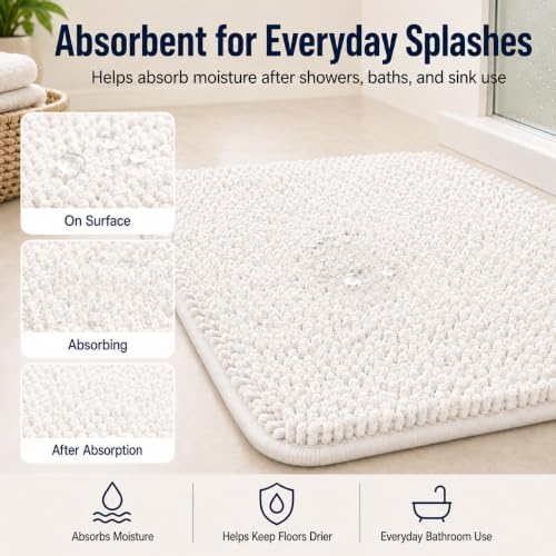 White Bathroom Rugs and Mats Set, 2 Piece Chenille Bath Mat Set, Machine Wash Dry, Non Slip Absorbent Shaggy Bath Rug for Bath Room, Shower and Tub (20" x 32"+16" x 24") Bathroom Rug St Accessories - Image 6