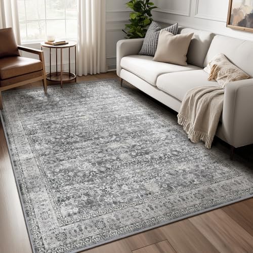 Grey 5x7 Area Rugs for Living Room Bedroom, Washable Non Slip Low Pile Thin Soft Carpet Rugs for Dining Room/Kitchen/Home Office/Nursery, Vintage Neutral Gray with Accents by Jainmy