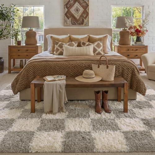PureCozy Grey 7x10 Area Rug for Living Room Soft Checkered Shag Carpet - Image 3