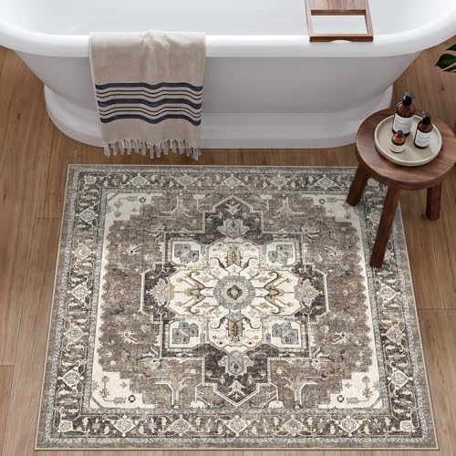 Washable 3x3 Square Rug Entry: Vintage Throw Rugs with Non-Slip Rubber Backing Soft Thin Stain Resistant Carpet for Kitchen Bedroom Entrance Home Decor Floor Mat for Living Room Bathroom (Beige,3x3) - Image 3