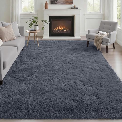 Area Rug Living Room Bedroom: 6x9 Fluffy Plush Shag Carpet Grey by Luxturiy