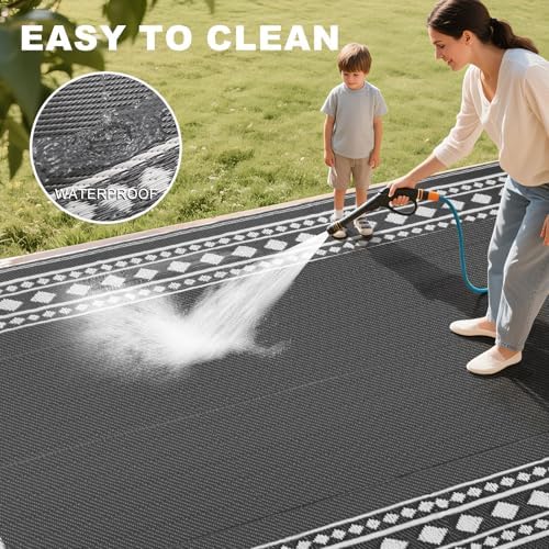 RURALITY Outdoor Rugs 5x8 Waterproof for Patios Clearance,Plastic Straw Mats for Backyard,Porch,Deck,Balcony,Grey and White - Image 5