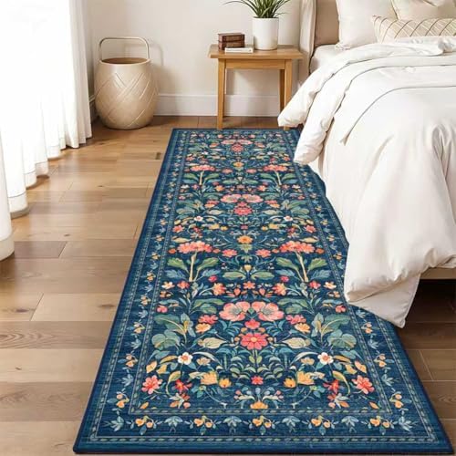 2x6 Soft Washable Runner Rugs: Velvet Feel & 5-10 Degrees Warmer Underfoot - Cottagecore Floral Hallway Carpet for Bedroom Kitchen Entryway - Family & Pet Friendly (Navy Distressed) - Image 2
