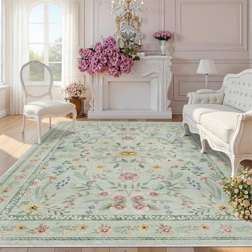 Green Floral Rug for Girls,6x9 Washable Botanical Bedroom Rug for Nursery, Playroom or Kids Room,Soft Non-Slip Carpet for Forest Themed Baby Room Decor by Dadasgk
