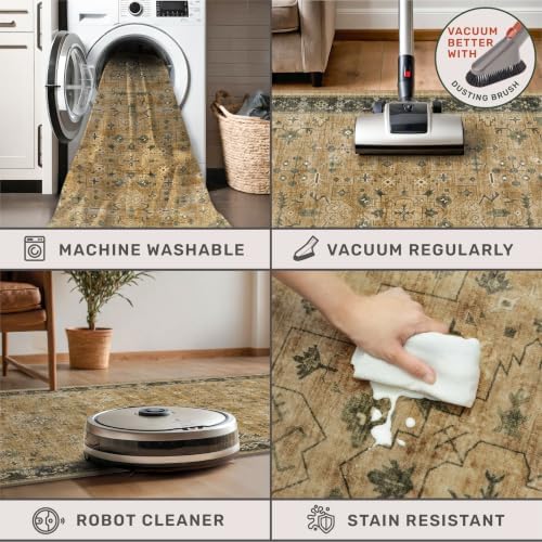 Vintage Boho 2x4 Area Rug for Entryway - Washable Rustic Brown and Charcoal Olive Kitchen Rug for the Floor, Low Pile Non-Slip Rugs for Bathroom, Earthy Geometric Decor & Stain Resistant - Image 4