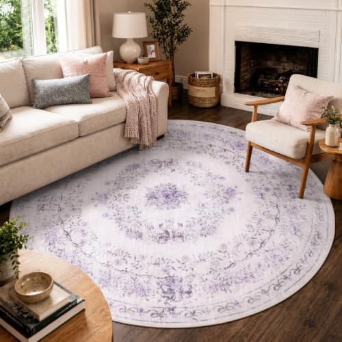 Wonnitar Purple Floral Bow 6ft Round Rug, Washable Rug for Living Room by Wonnitar