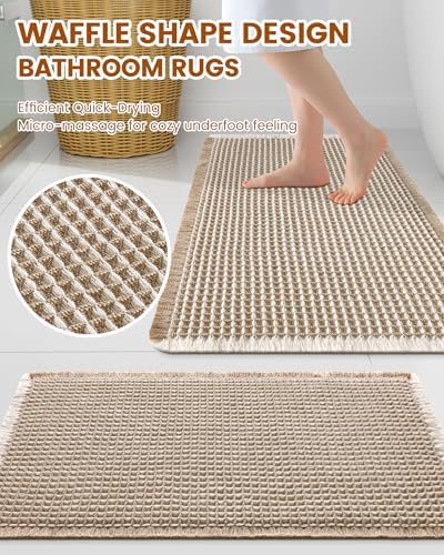 Smiry Waffle Bath Mat 47X24, Soft Absorbent Bathroom Rugs, Brown & Cream - Image 2