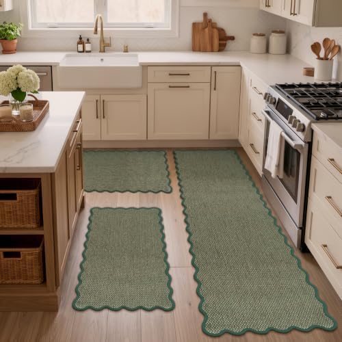 KIMODE Kitchen Rugs and Mats Set of 3 Scalloped Kitchen Runner for Floor by StayinComfortCookwithJoy