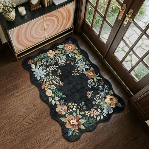 FMFUNCTEX 2x3 Washable Black Floral Vintage Flower Colorful Entryway Rug - Image 2