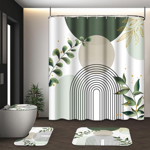 Bathroom Sets with Shower Curtain and Rugs, Set of 4, Boho Sage by Tayney