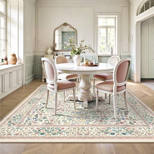 6x6 Square Area Rugs, Machine Washable Low Pile Floral Rugs for Living Room, Bedroom, Large Boho Area Rug with Non-Slip Backing for Dining Room(Pink Floral) - Image 6