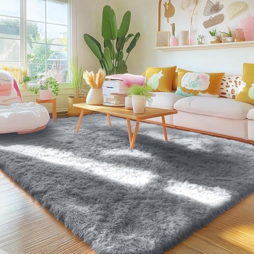 OLANLY Area Rugs for Living Room Bedroom, Machine Washable 4x5.9 ft Soft Fluffy Shaggy Bedside Rug, Indoor Floor Carpet for Kids Girls and Boys, Dorms, Nursery Rooms, Home Decor, Silver Grey - Image 3