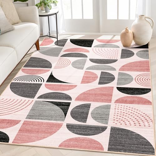 MUJOO Pink Rug Boho Washable,4x6.5 Area Rugs for Bedroom Entryway Living Room Bedside,Small Throw Floor Carpet Non Slip Soft Indoor Modern Abstract Pink and Grey by MUJOO