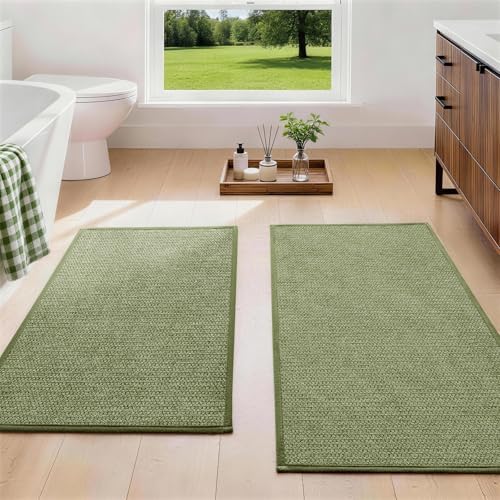 YIHOUSE Green Bathroom Rugs Sets 2 Piece, Quick Dry Thin Bath Mat, Non Slip Absorbent Machine Washable, Bath Rugs for Bathtub Sink Home Decor (17"x24" + 17"x32") by YIHOUSE