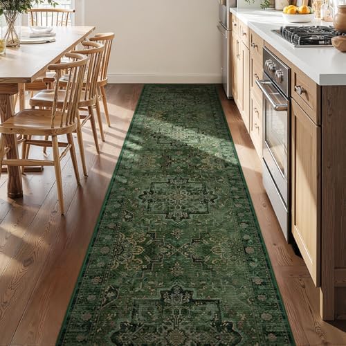 Dark Green Runner Rug 2x10 for Hallways, Retro Distressed Moody Medallion Long Carpet Runner for Entryway Mudroom, Low Pile Thin Soft Kitchen Bathroom Runner Rug Non Slip Washable - Image 3
